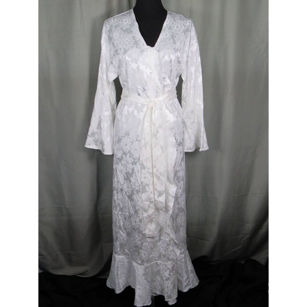 Waverles White Floral Jacquard Long Wrap Robe Ruffle Hem XS/S NEW